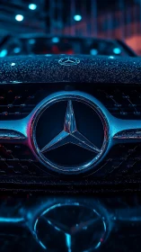 Moody night closeup of a sleek Mercedes front grille.