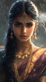 Digital portrait of Indian woman in rain with gold jewelry