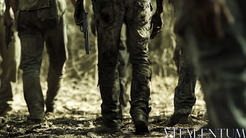 Gun-torn wanderers stalk a sunburnt, dust-choked wasteland.