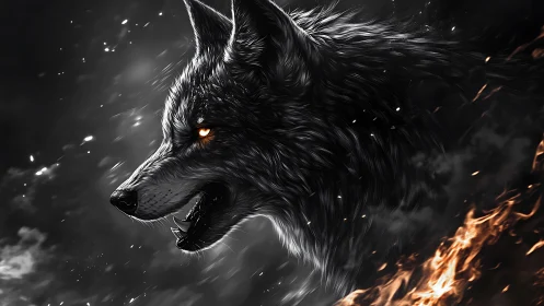 Fierce black wolf head with glowing eye and rising fire