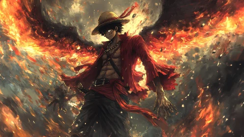 Dynamic anime hero engulfed in wings of cinematic fire.