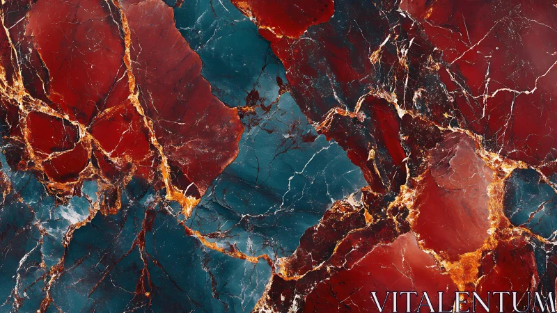 Deep Red and Teal Marble Texture with Gold Veining, Abstract Art.