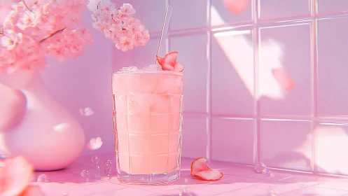 Monochromatic Pink Still Life: Beverage and Floral Composition.