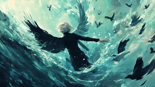 Winged figure in teal storm sky with circling black birds.