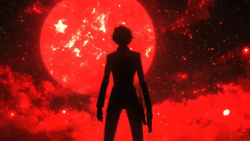 Silhouetted anime figure confronts a colossal crimson moon