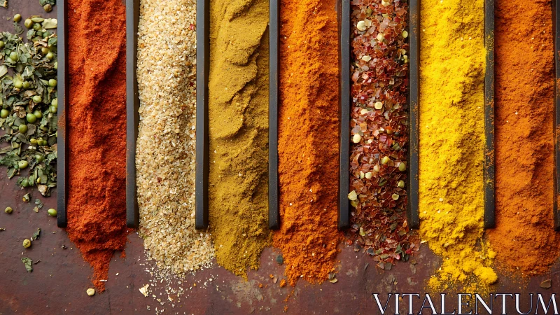 Linear arrangement of assorted ground and crushed spices.