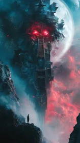 Vertical fortress structure with glowing eyes before full moon.