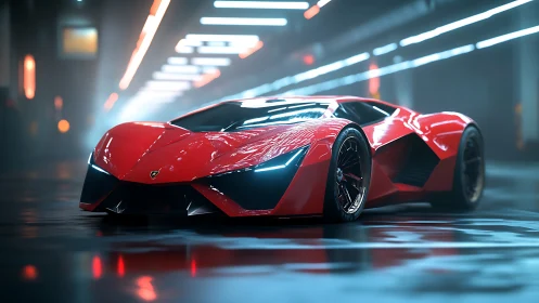 Neon-licked crimson hypercar prowling a slick tunnel night.