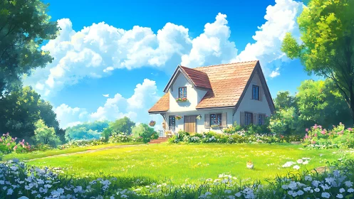 Sunny cottage daydream beneath generous summer clouds.
