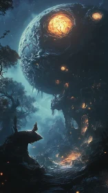 Stargazer beneath molten moon colossus in spectral forest.