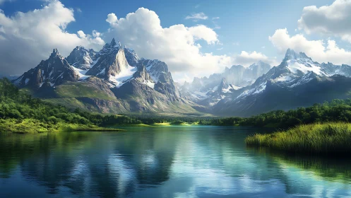 Sunlit alpine lake cradled by peaceful snowcapped peaks.