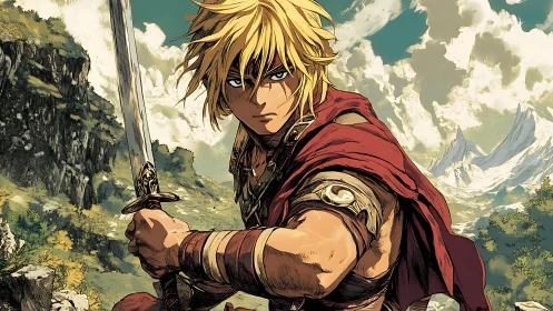 Blond warrior holds sword in rugged fantasy landscape.