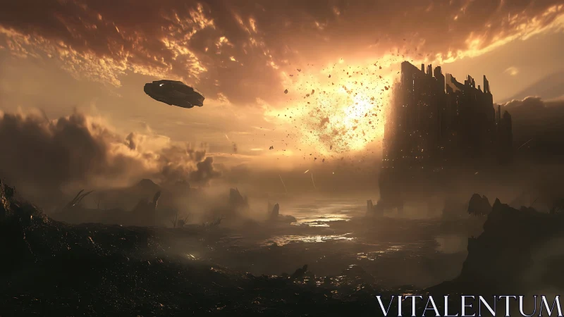 Star-worn citadel shattering under a molten alien sunrise.