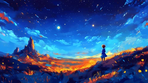 Vibrant twilight landscape with child observer under luminous stars