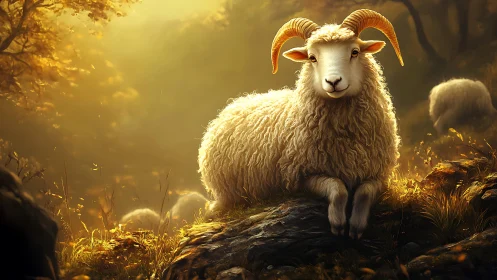 Golden-horned ram resting in ethereal autumn woodland light.