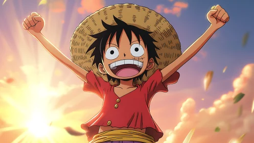 Straw hat cartoon boy with raised arms at sunset sky.