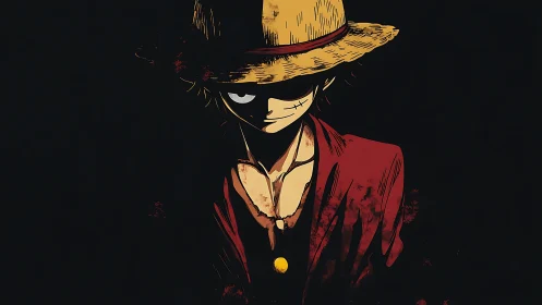 Straw hat figure in shadowed anime portrait with red accents