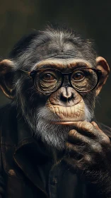Thoughtful chimpanzee in glasses ponders with gentle wisdom