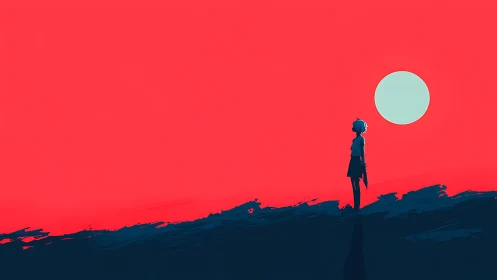 Solitary anime figure under turquoise sun on red sky.