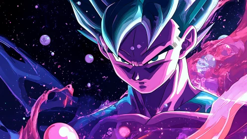 Cosmic warrior locks his gaze as galaxies ripple around him