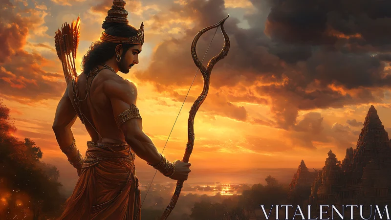Warrior archer overlooks sacred temples at a burning sunset