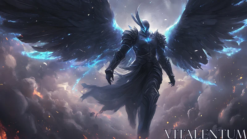 Armored seraphic warform with luminescent plasma wings poised.