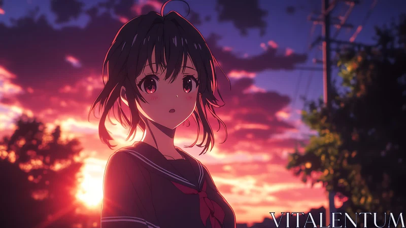 Anime student stands outdoors at dusk against lit cloudscape