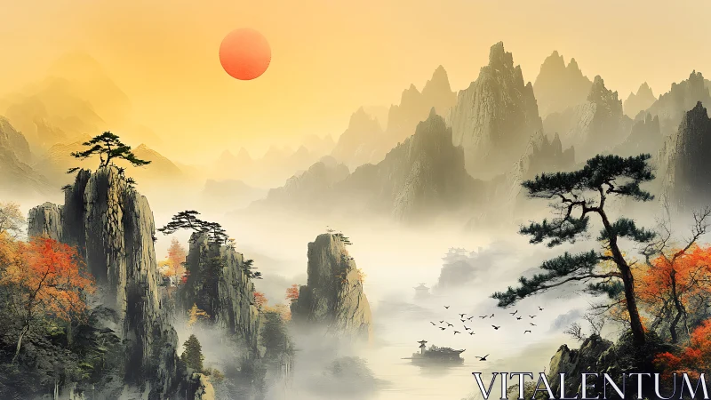 Morning sun glows over misty mountains and tranquil river