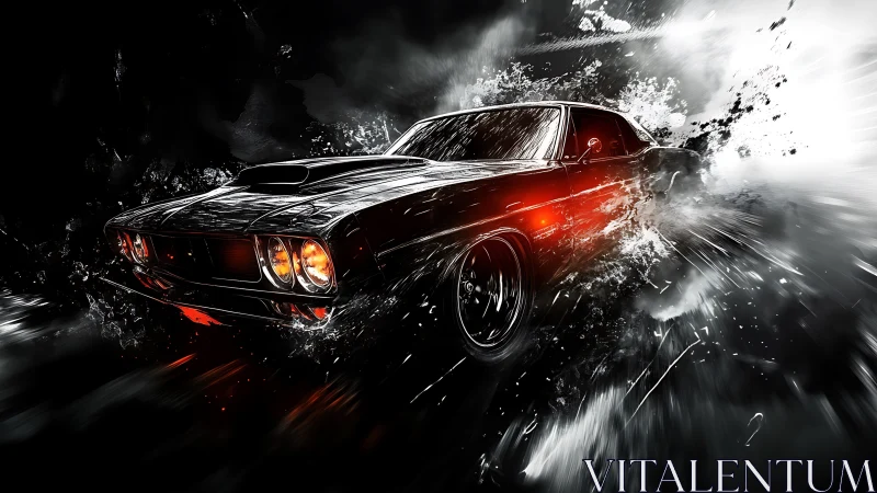 Black muscle car blasting through smoke and splashes at speed.