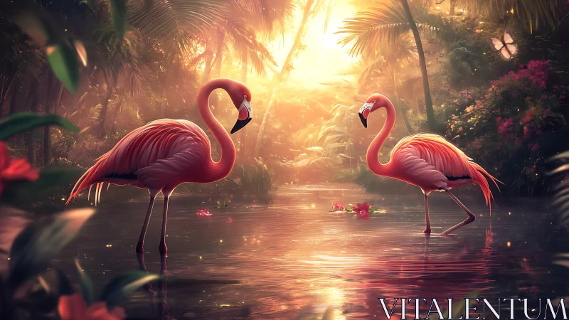 Sunlit flamingos wading through misty tropical lagoon.