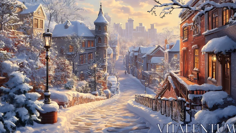 Digital painting of snowy old-town street at golden hour.
