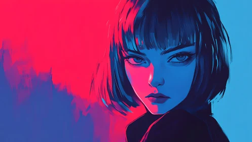 Neon-drenched gaze slices the twilight between red and blue
