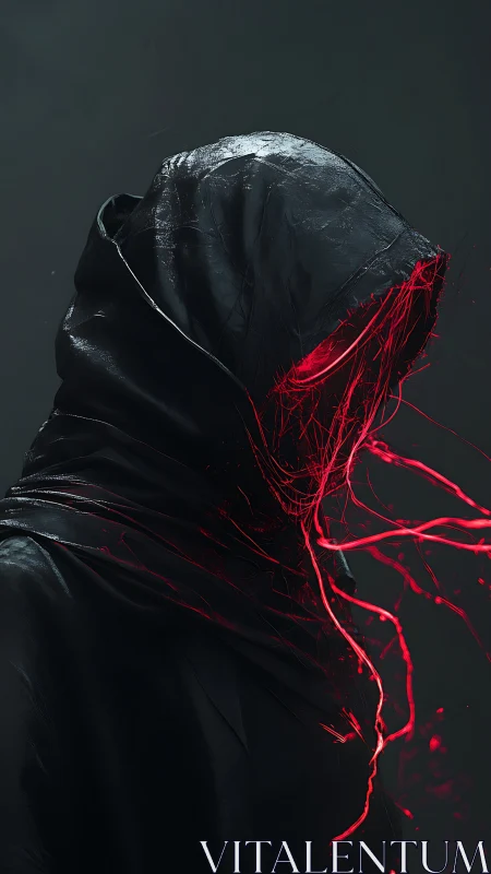Hooded wraith silhouette with crimson digital tendrils erupting.