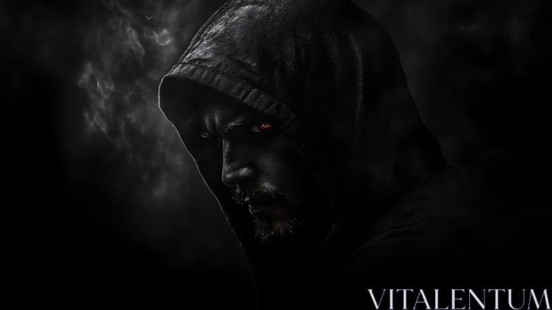 Hooded figure emerges from darkness with glowing red eye.