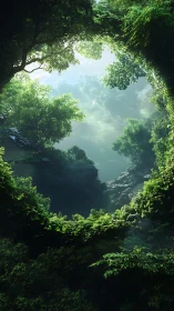 Deep Forest Cave Opening Framed by Verdant Canopy