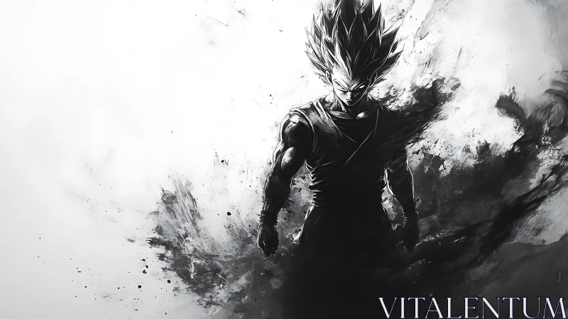 Dark anime warrior emerges from swirling ink storm.