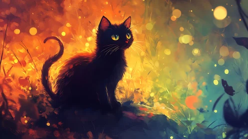 Black Cat Commands the Fiery Garden Where Luminescence Whispers Secrets