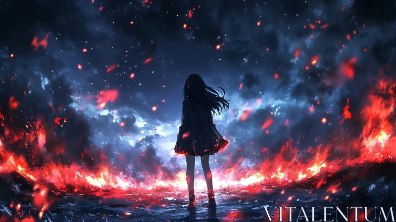 Girl stands alone before blazing horizon and dark sky.