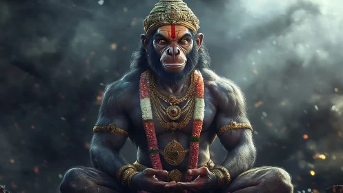 Mythic monkey warrior in jeweled regalia sits in meditation.
