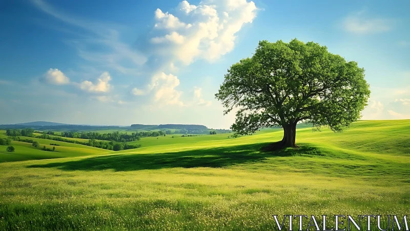 Lone oak commands rolling sunlit hills under vivid sky.