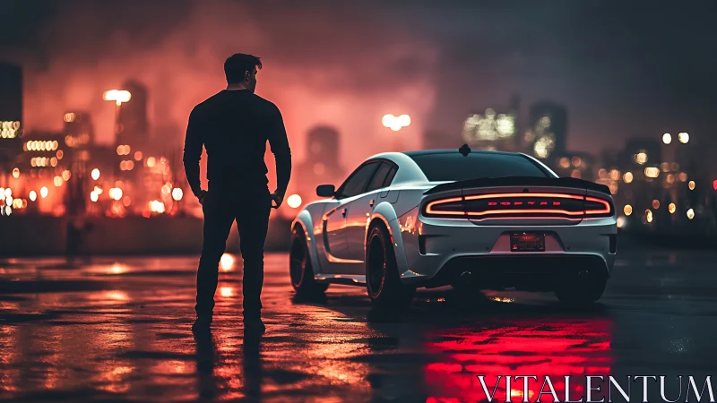 City lights glow as a lone driver and sleek car share the night