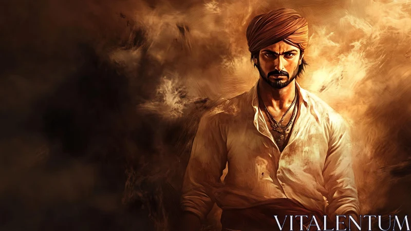 Male figure in turban against textured warm background.