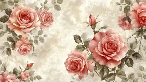 Vintage botanical composition with full-bloom English roses and foliage layers.