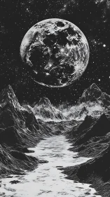 Monochrome lunar vista with river valley and towering satellite.