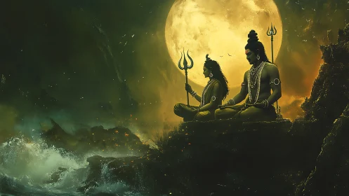 Meditative deities beneath roaring seas and lunar blaze.