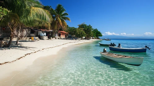 Tropical Beach Village with Anchored Fishing Boats.