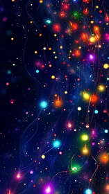Colorful luminous particles drift across deep blue space