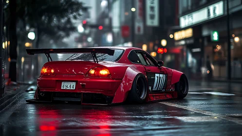 Widebody red drift car waits on wet neon Tokyo street
