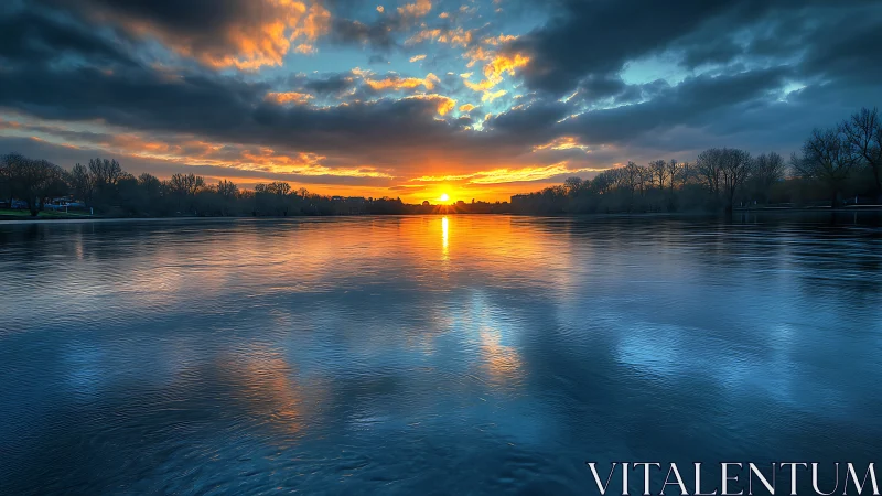Sunset light ignites reflective river under brooding clouds