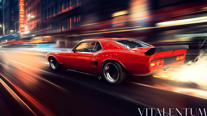 Red retro sports coupe moving through blurred city street.